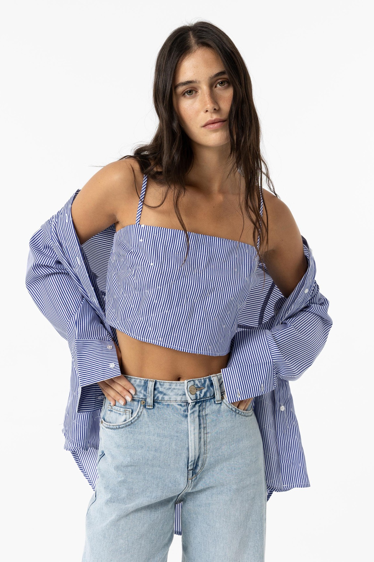 Crop Top s Riscas com Lantejoulas