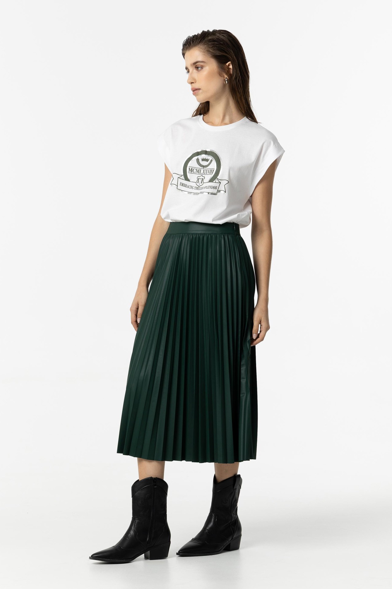 Leather Effect Pleated Midi Skirt