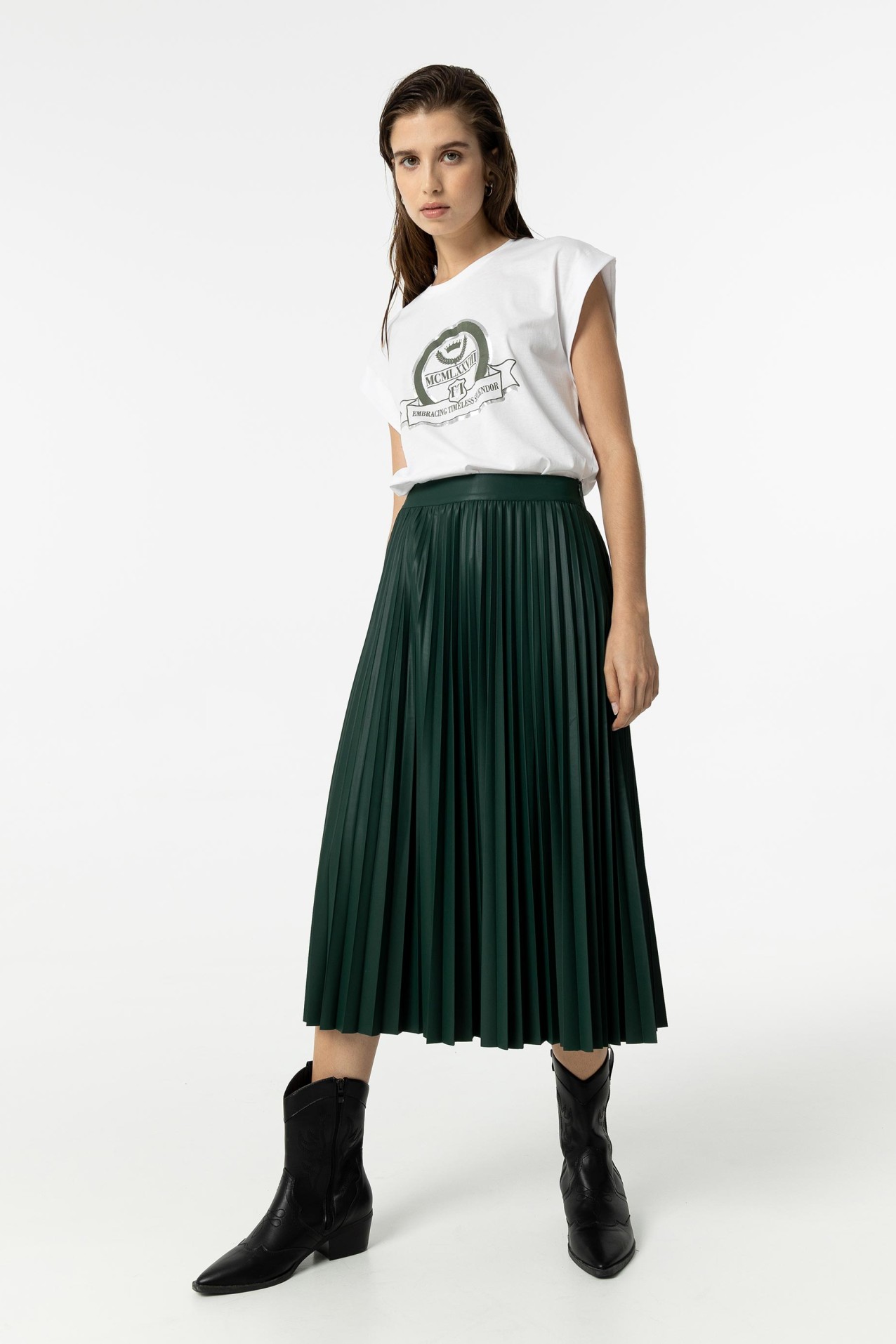 Leather Effect Pleated Midi Skirt