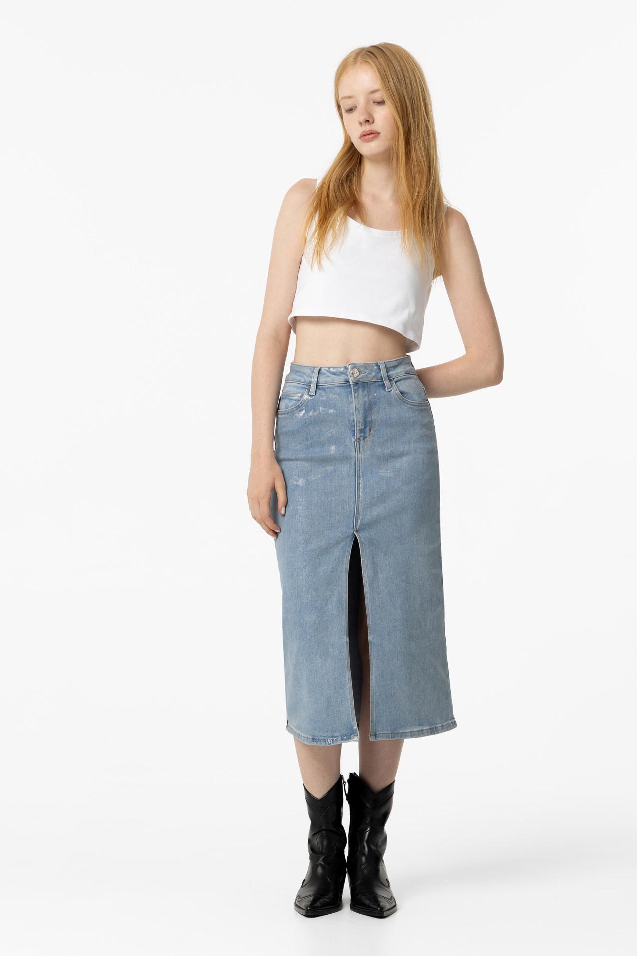 Metal Button Midi Skirt