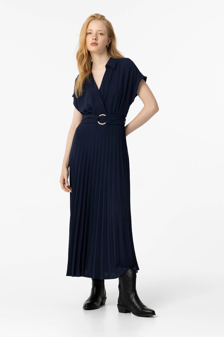 Pleated Midi Dress with Belt