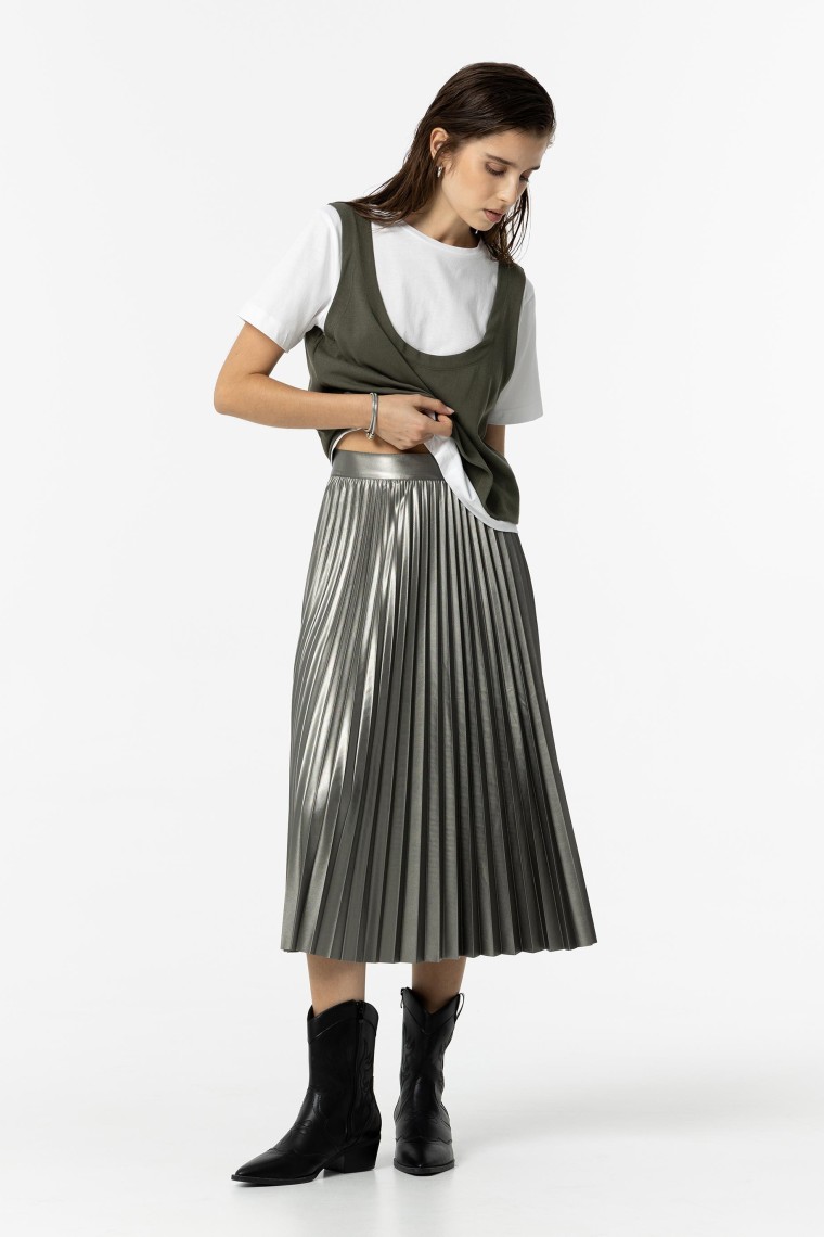 Metallic Pleated Midi Skirt