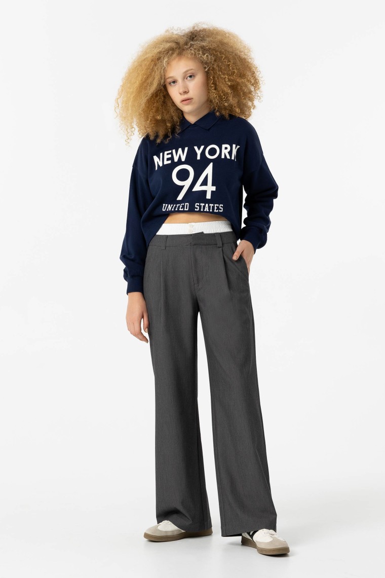 Wide Leg Tailored Fit Trousers with Contrast Waist