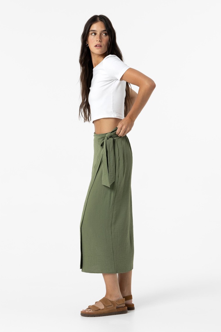 Crinkled Effect Midi Skirt with Bow