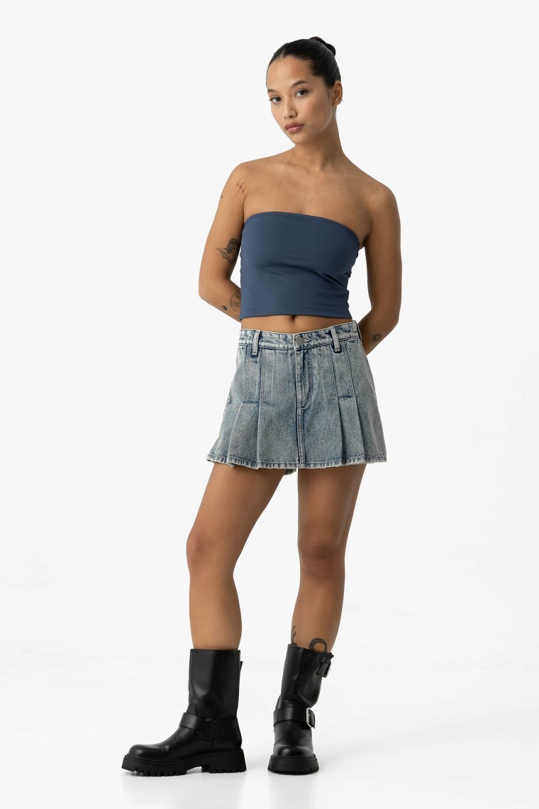 Falda Shorts Denim con Pliegues