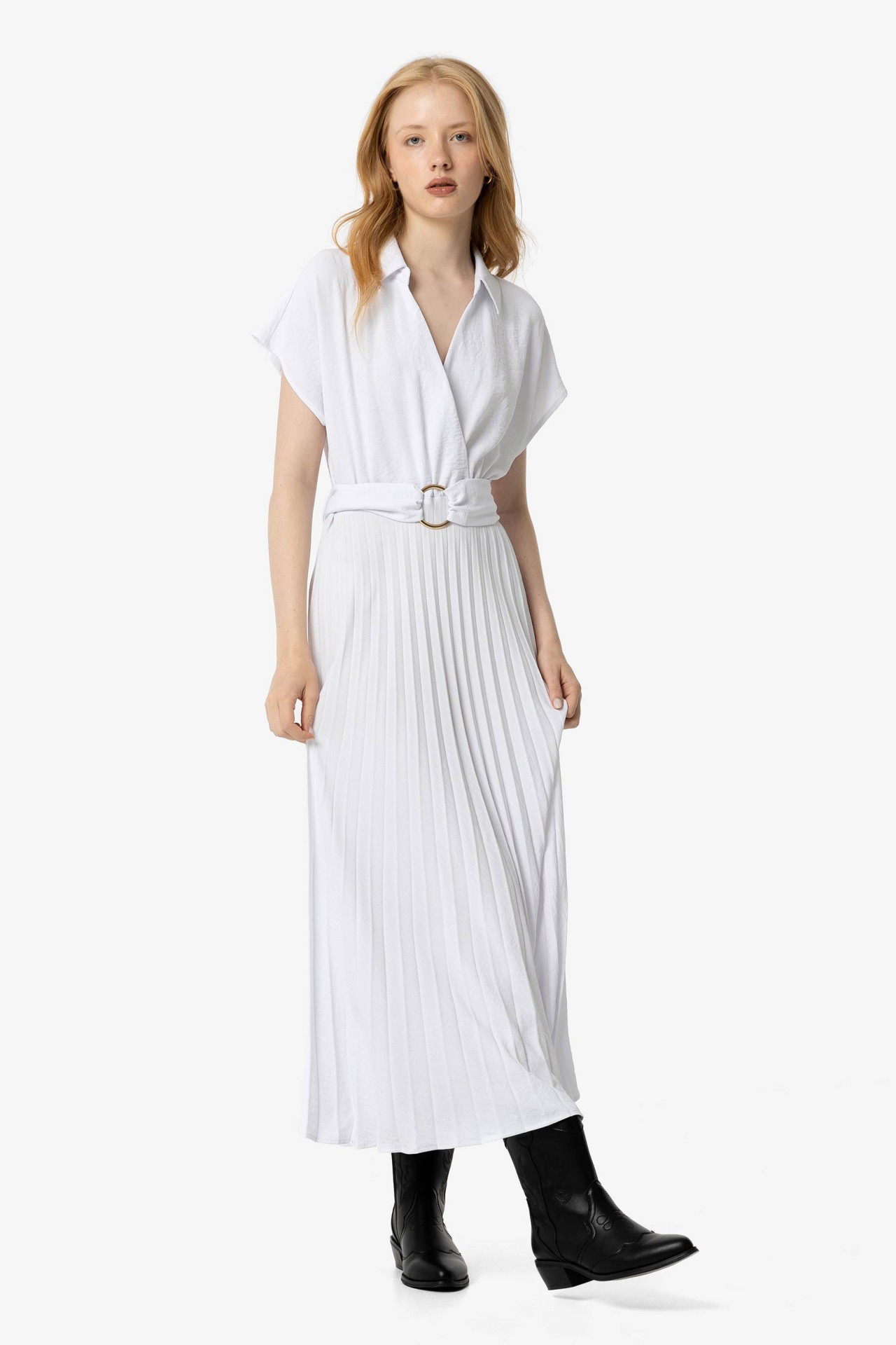 Pleated Midi Dress with Belt