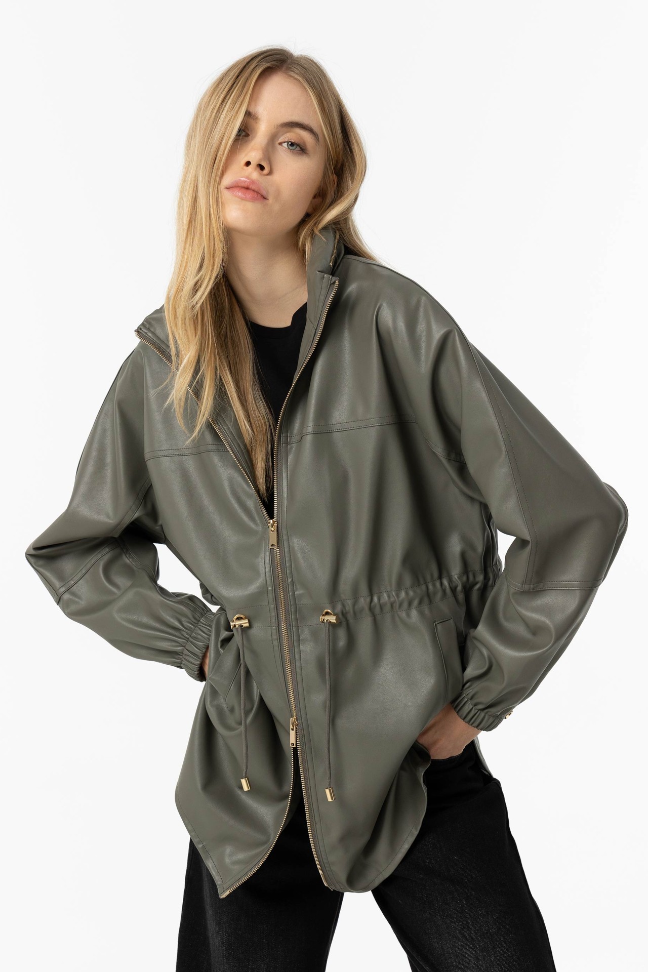 Leather Effect Parka with Hood