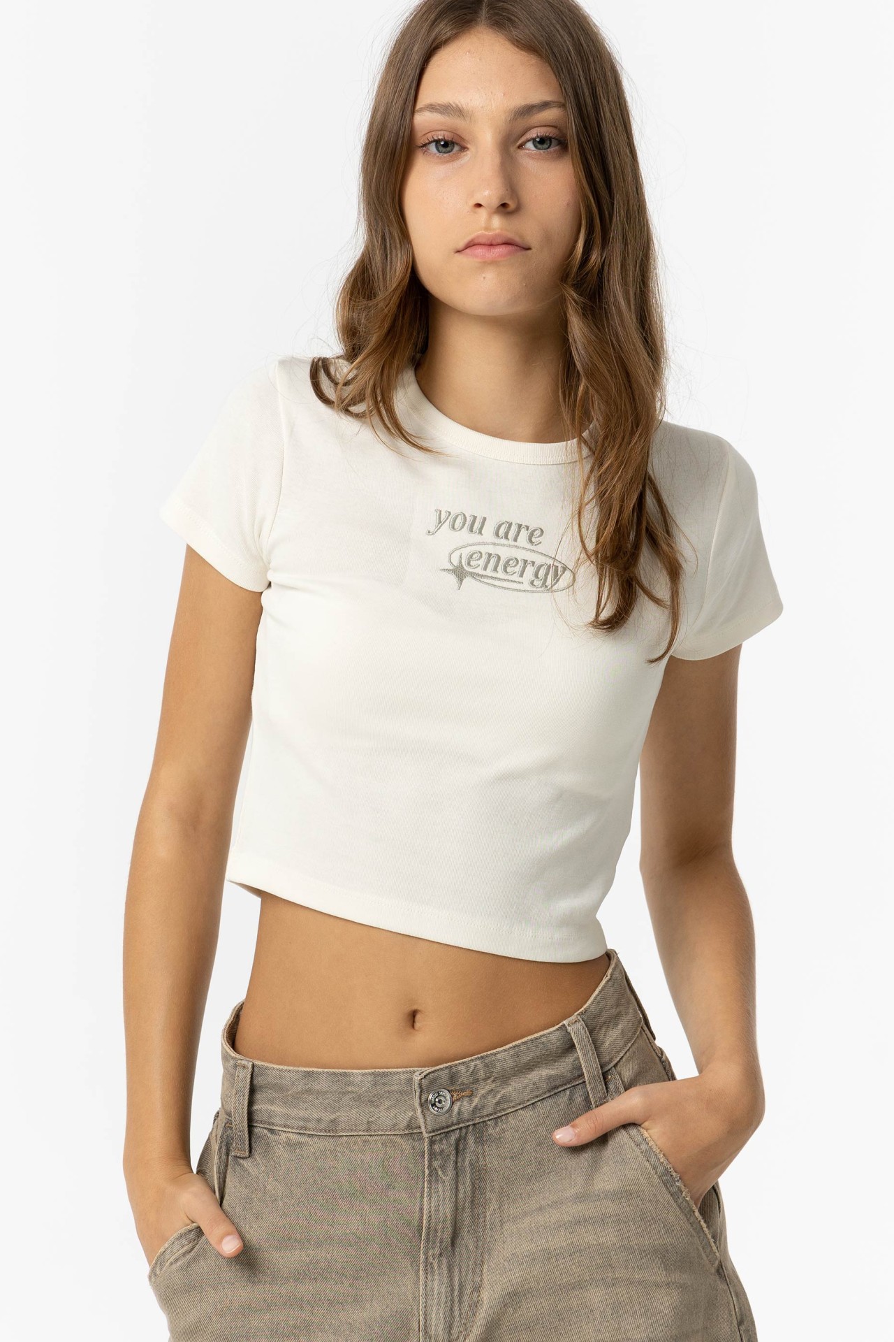 Cropped T-shirt with Front Embroidery