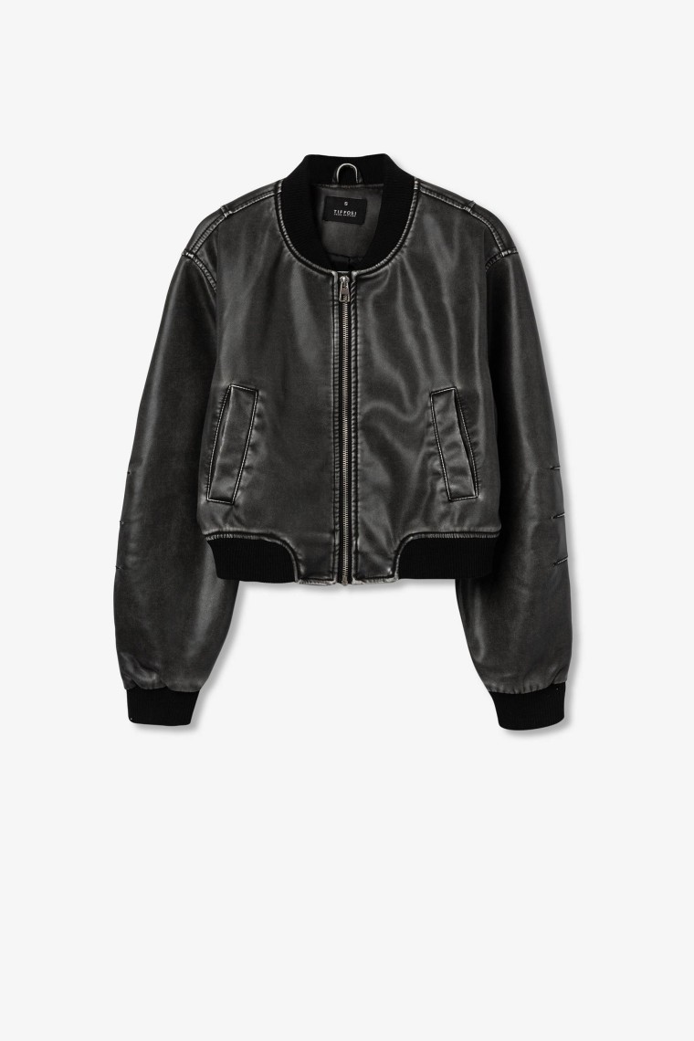 Washed Leather Effect Bomber Jacket