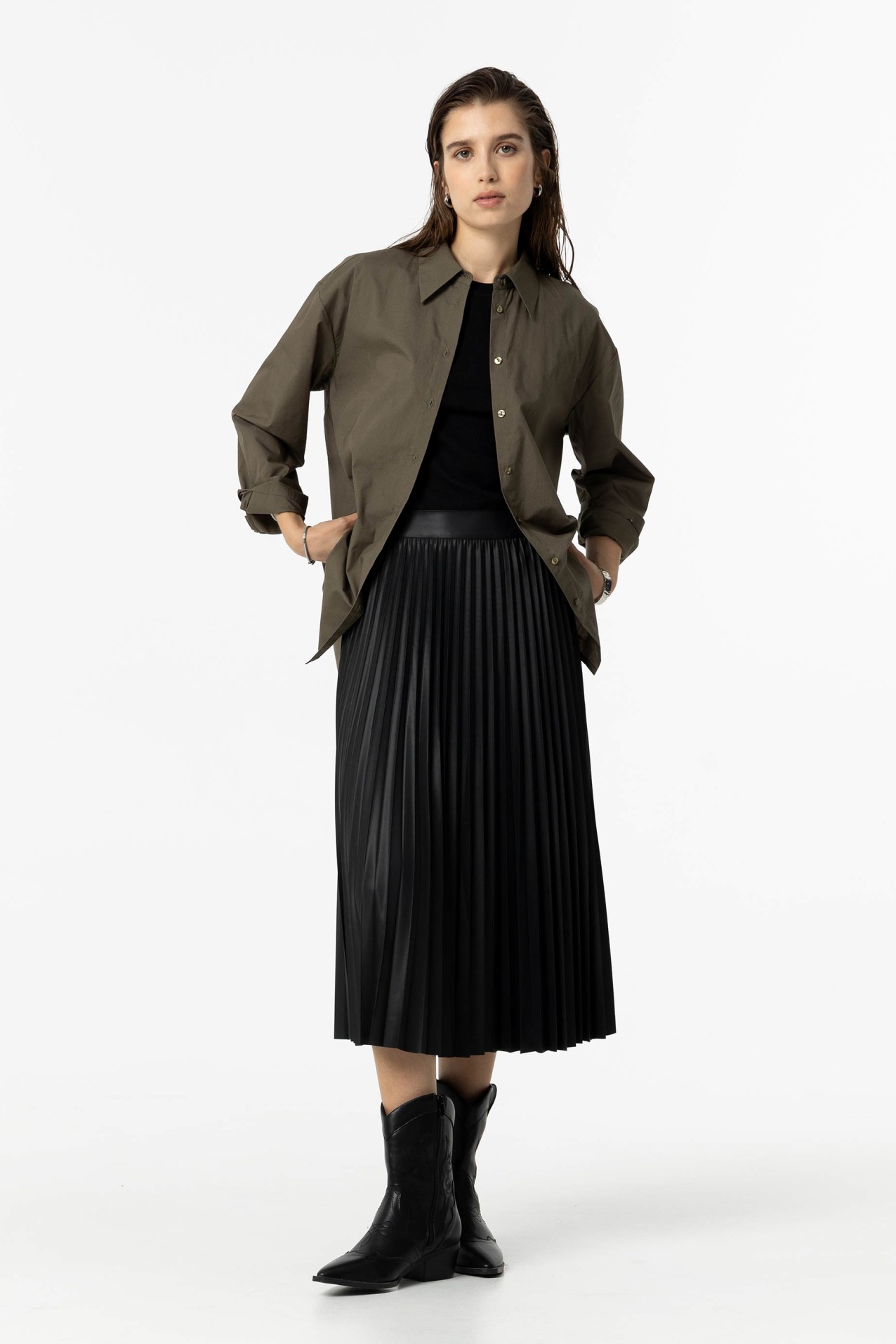 Leather Effect Pleated Midi Skirt