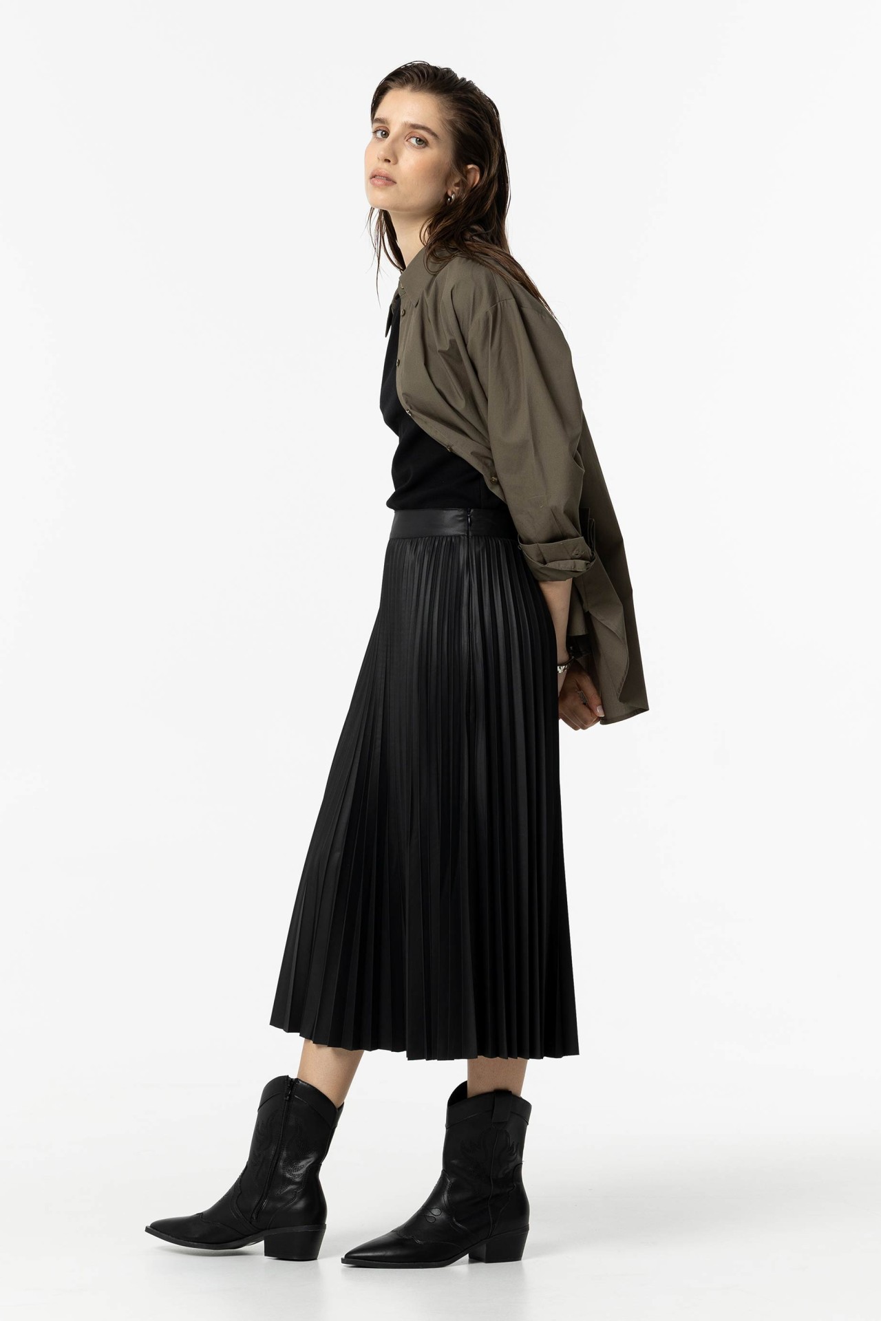 Leather Effect Pleated Midi Skirt