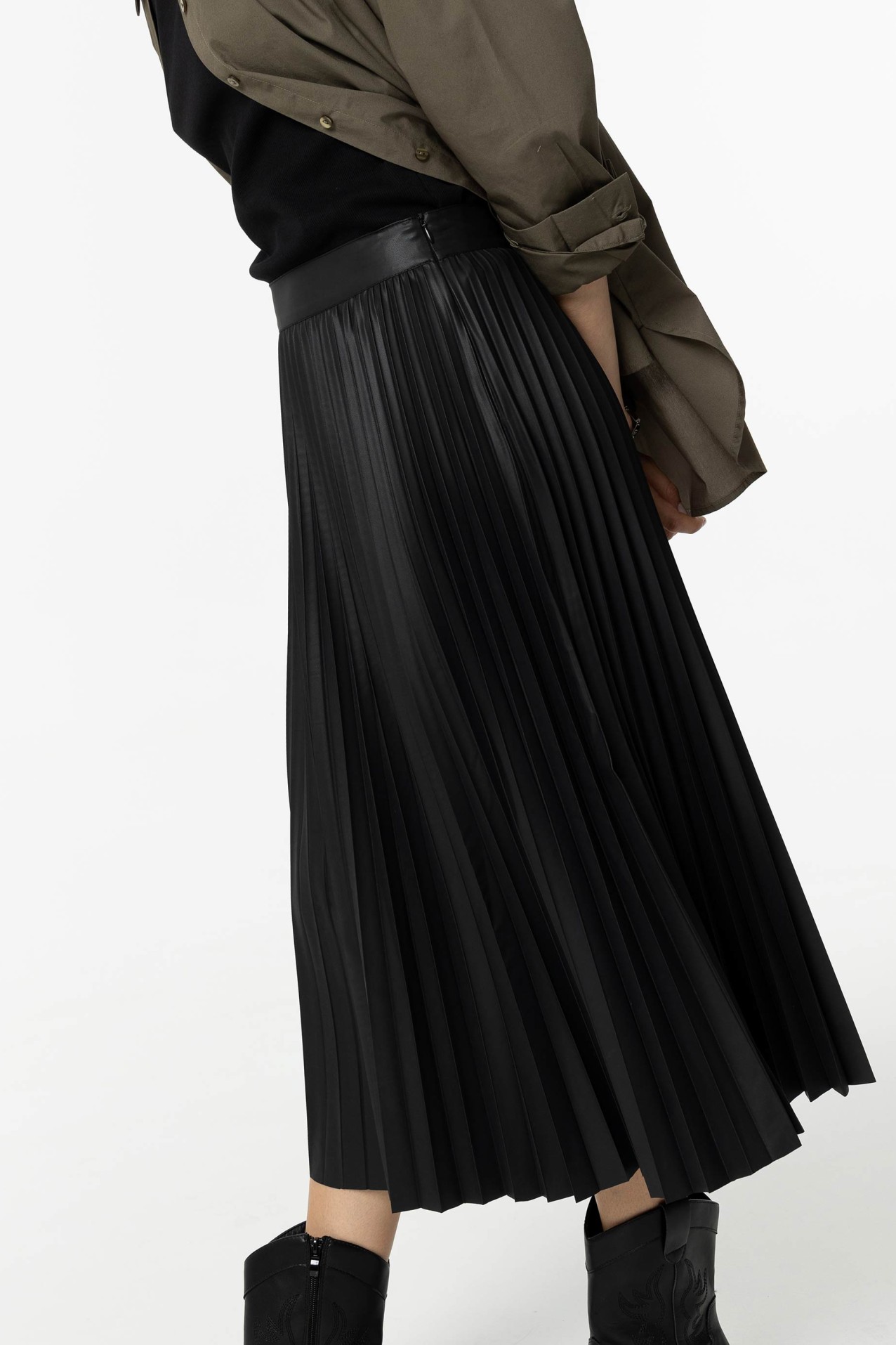 Leather Effect Pleated Midi Skirt