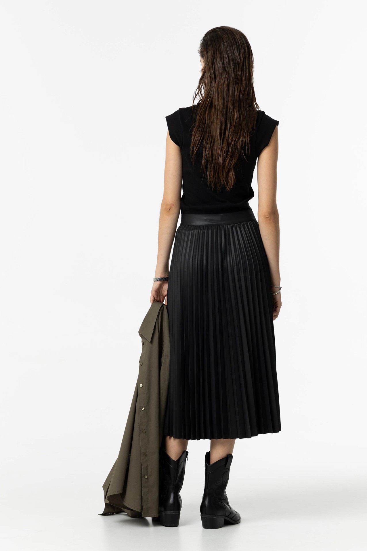 Leather Effect Pleated Midi Skirt