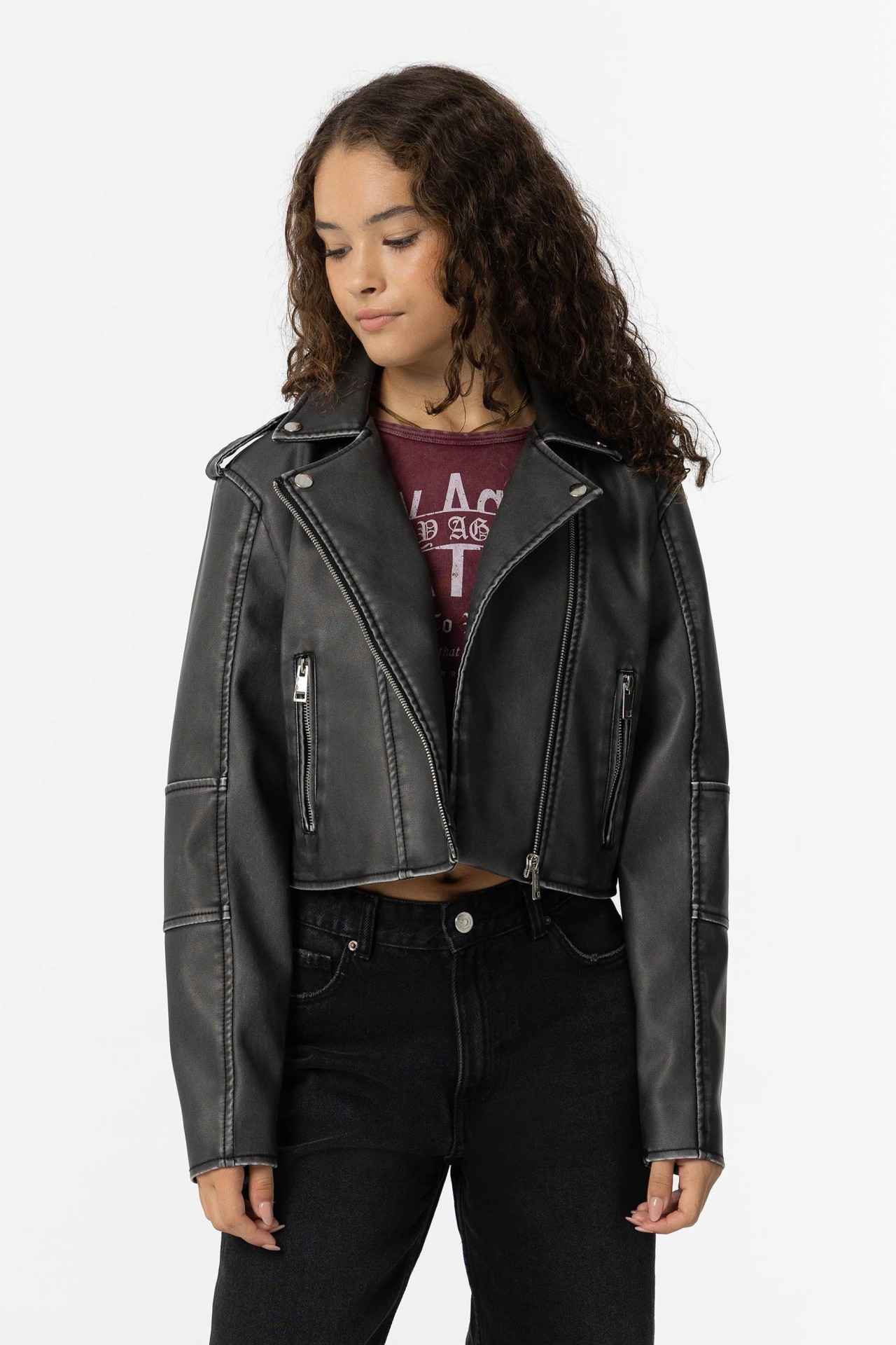 Washed Leather Effect Biker Jacket