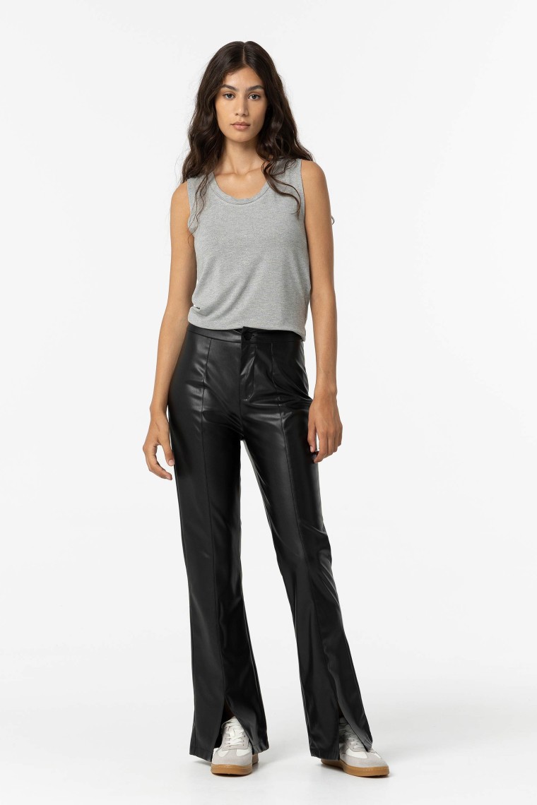 Leather Effect Flare Trousers with Openings