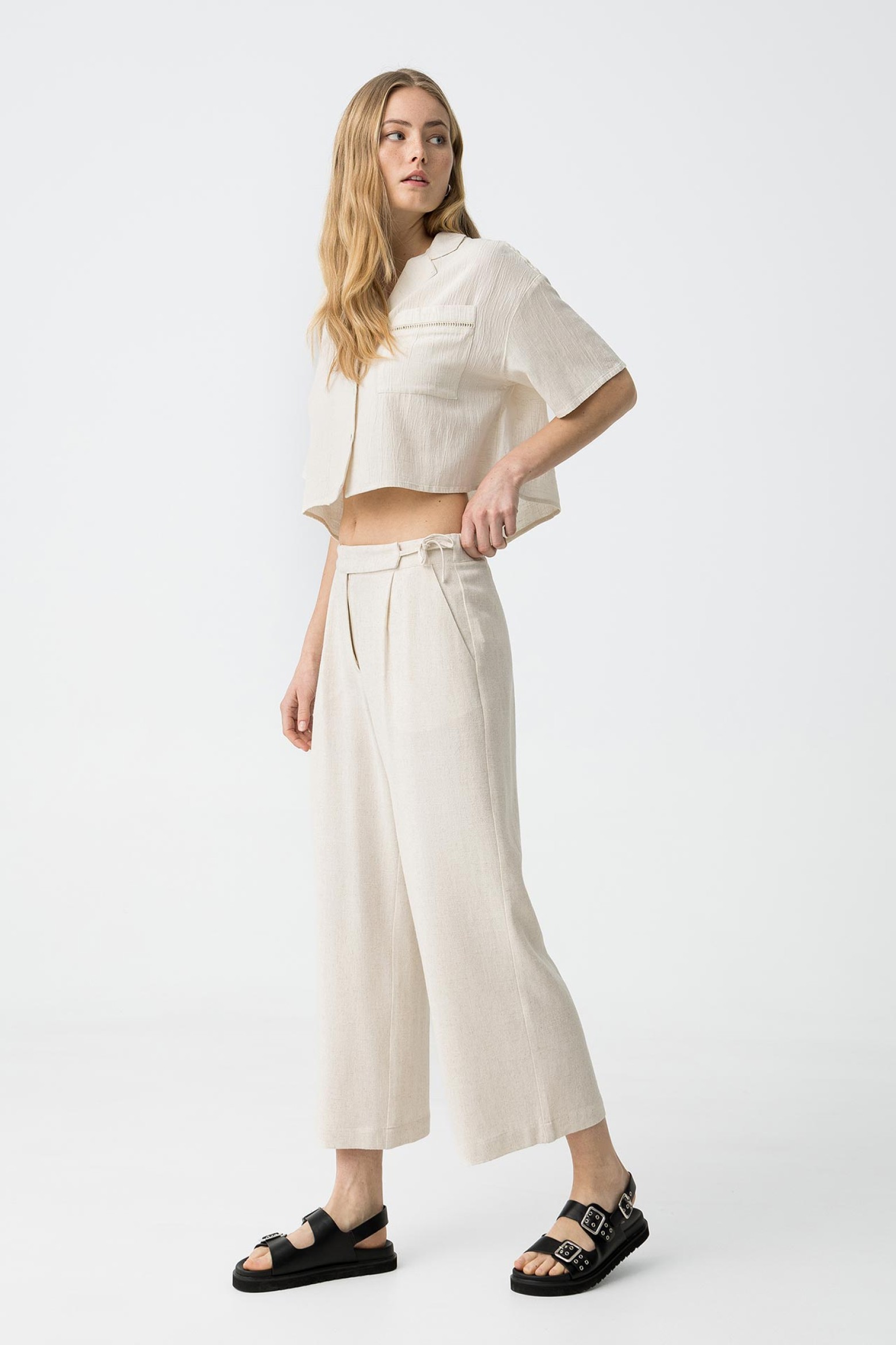 Calas Culotte Linho Wide Leg com Lao