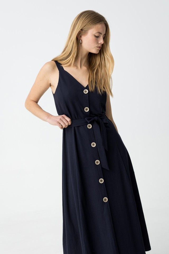 vestido midi de lino con cinturn