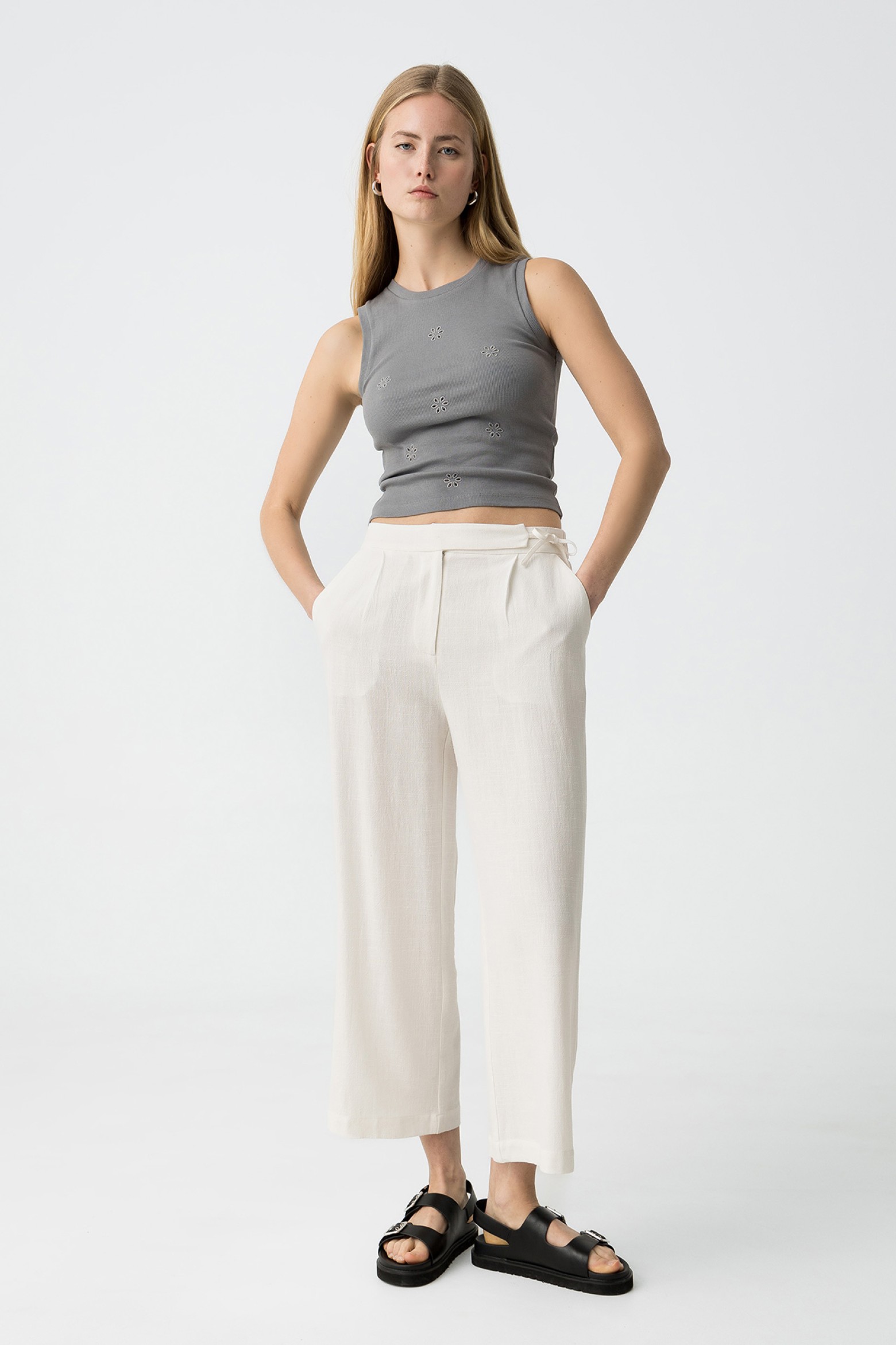 Culotte Linen Wide Leg Pants with Bow
