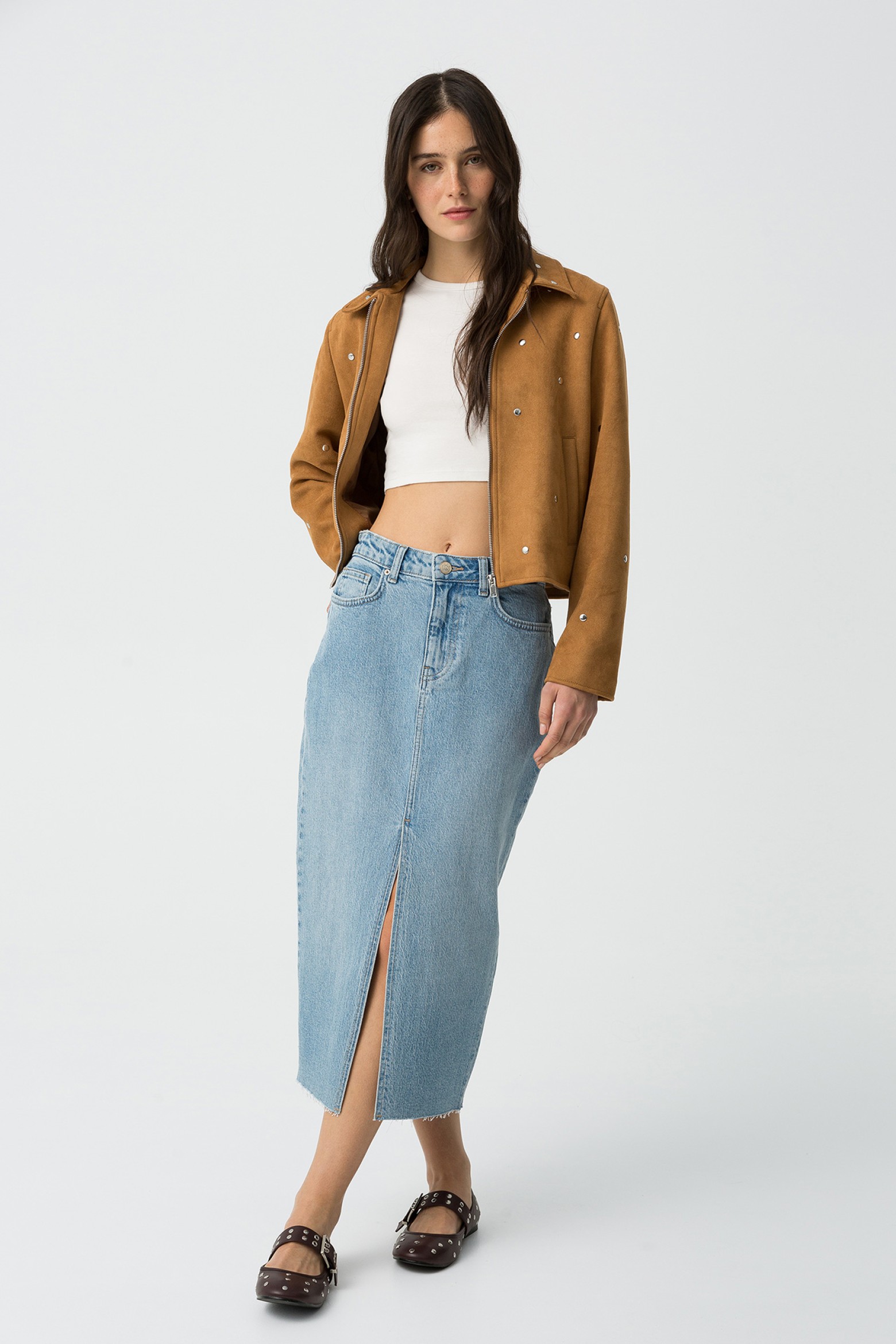 Denim Effect Midi Skirt with Front Opening