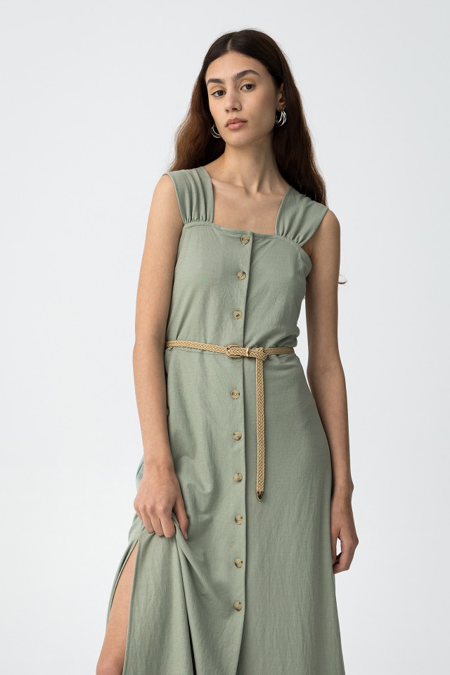 Vestido con cinturn efecto lino y paja