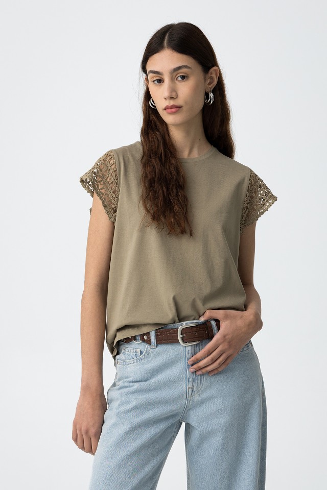 T-shirt with Embroidered Effect Sleeves