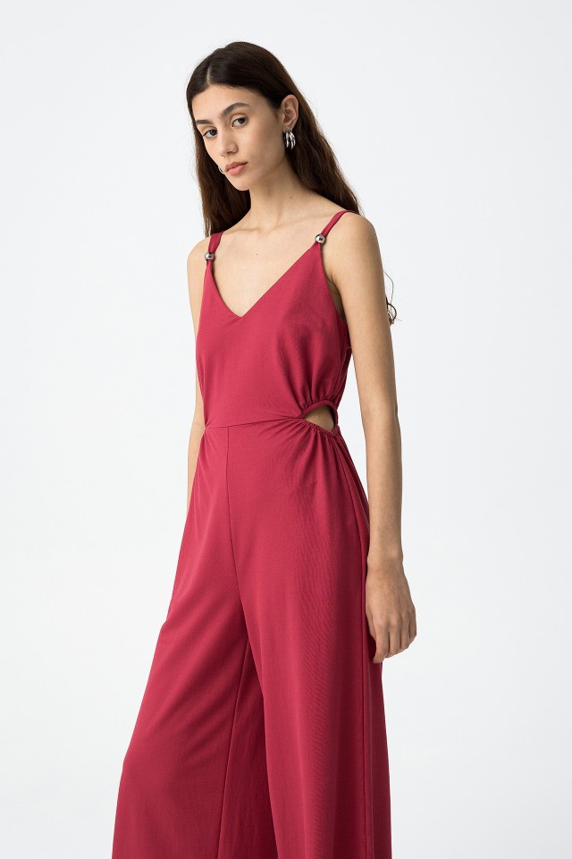 Red Jumpsuit with Side Cutouts