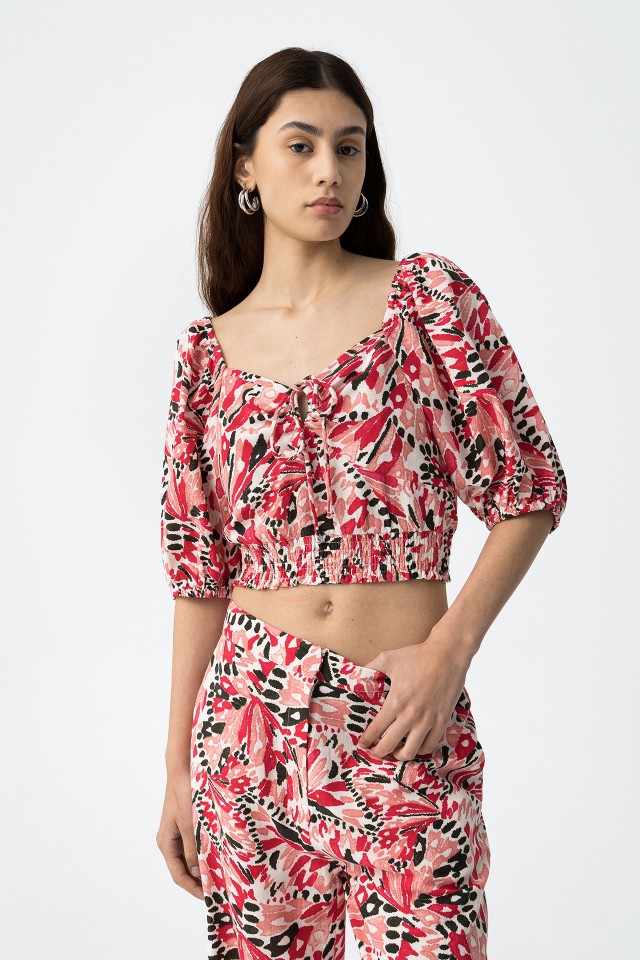 Top Estampado com Mangas Bufantes