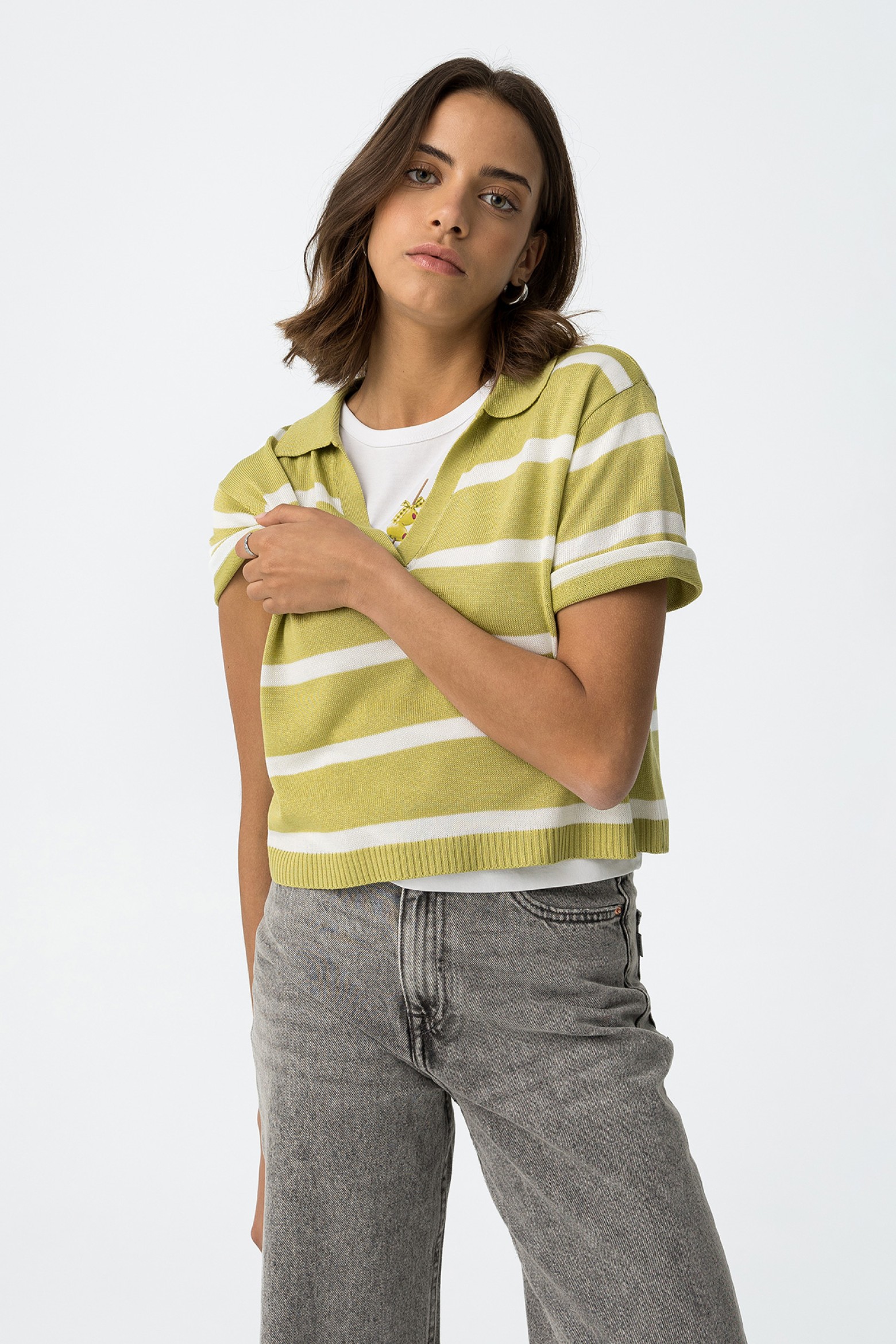 Striped Mesh Cropped Polo