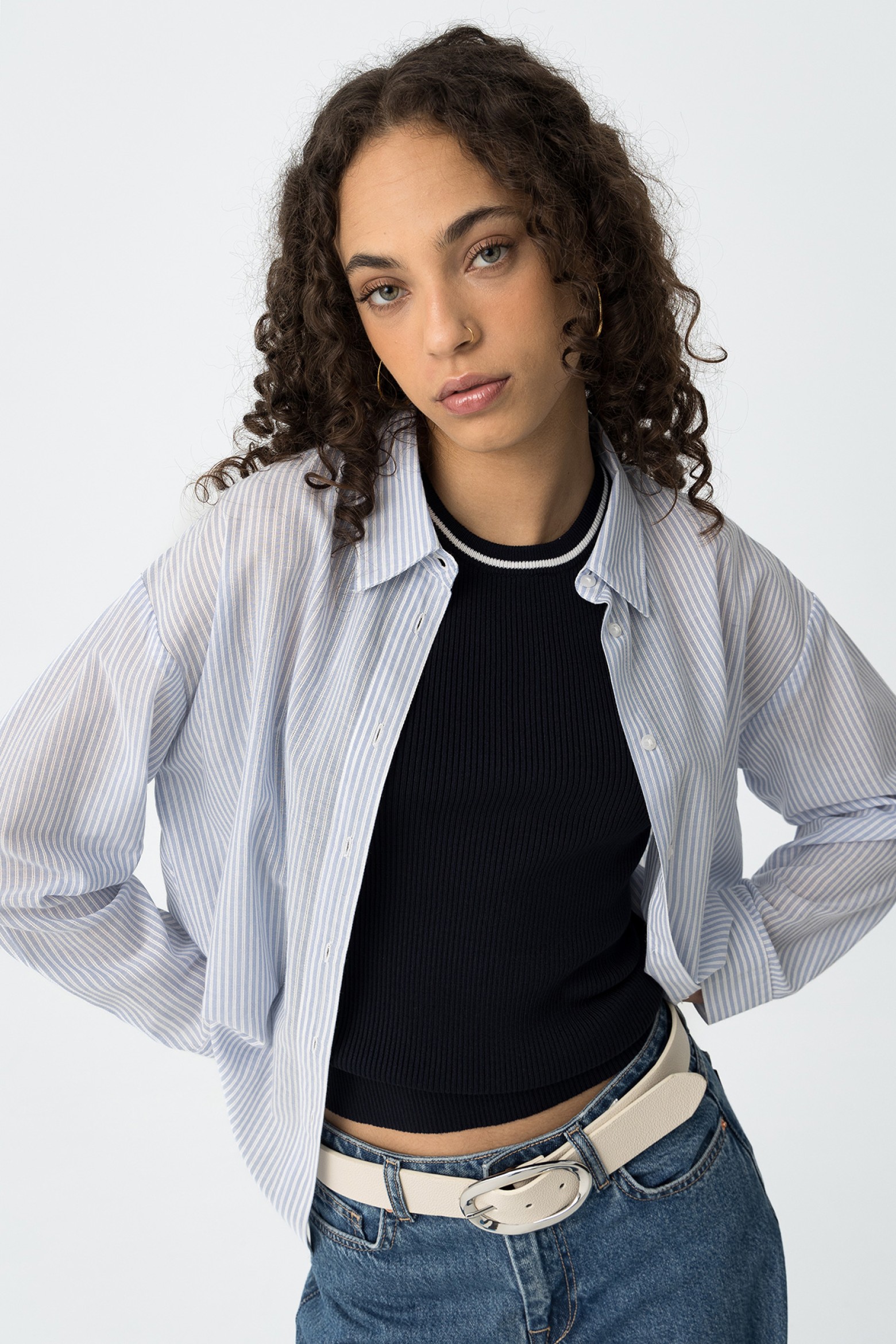 Camisa Relaxed Fit s Riscas Prefuradas