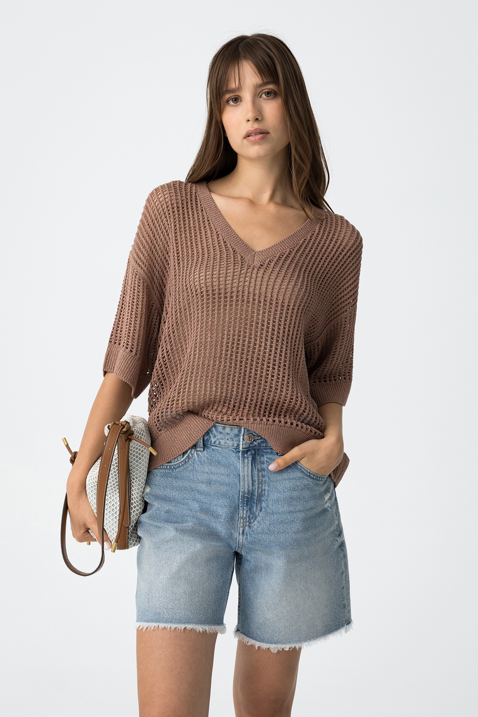 Openwork Crochet Sweater with Shiny Yarn