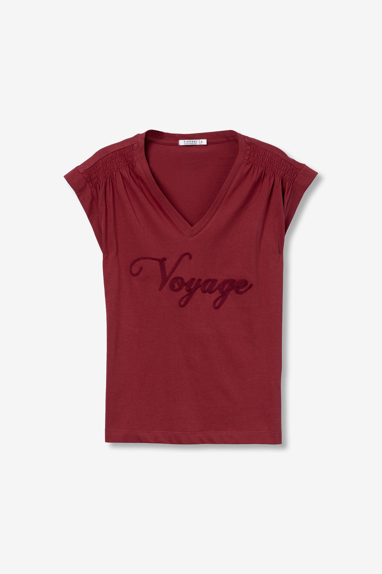 Camiseta con Bordado Delantero y Fruncido