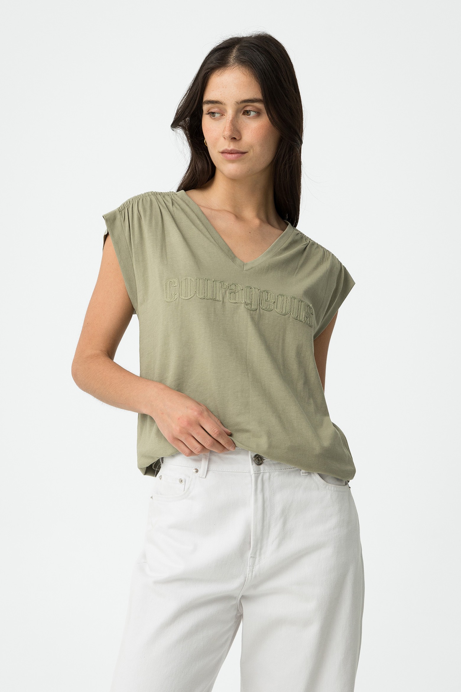 T-shirt with Front Embroidery and Ruching