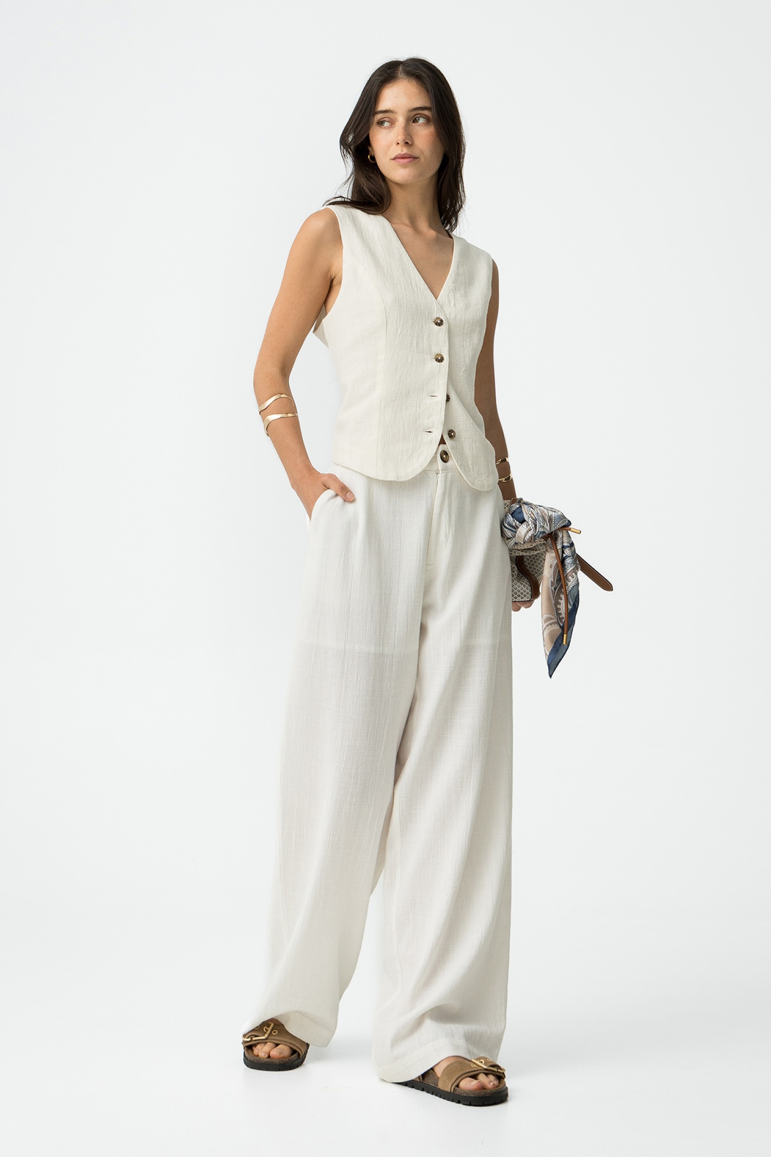 Textured Cotton Wide Leg Pants