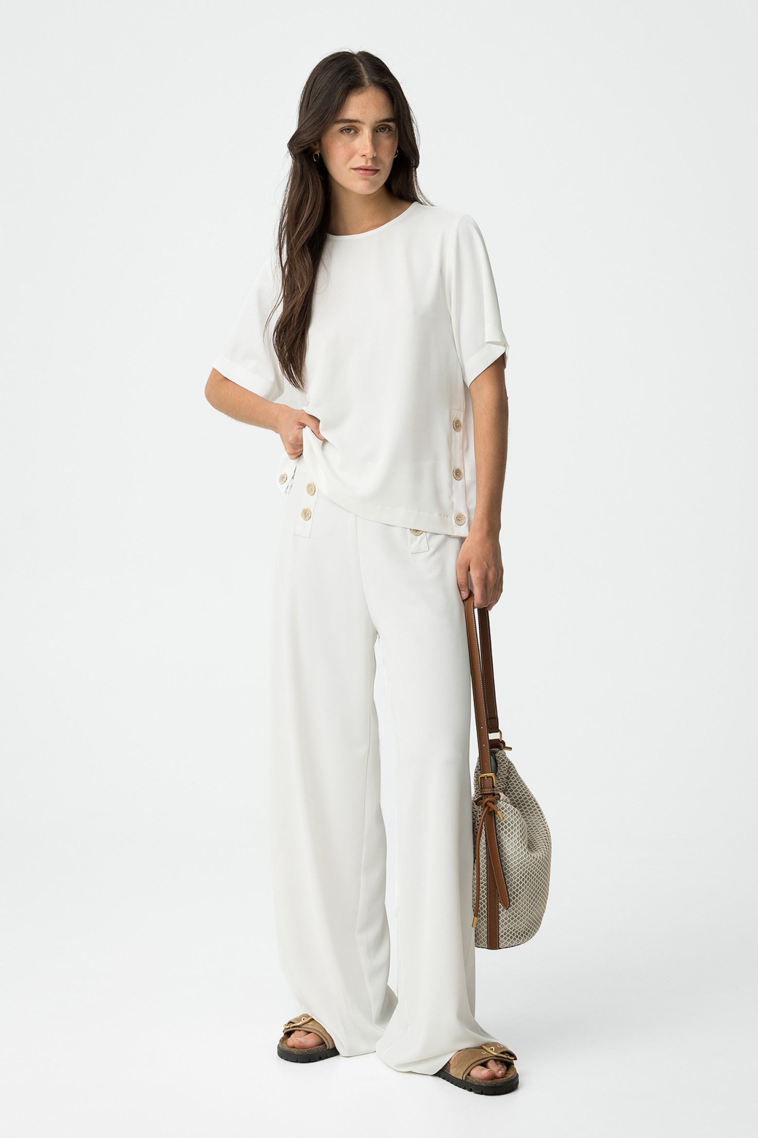 Wide Leg Flowy Pants with Button Application