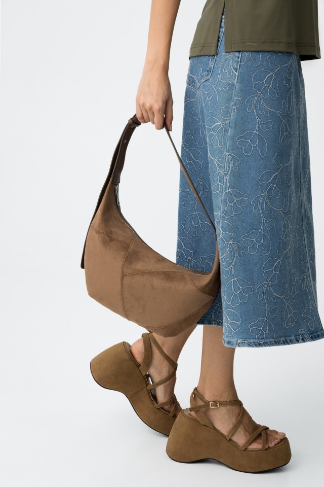 Leather and Suede Effect Shoulder Bag