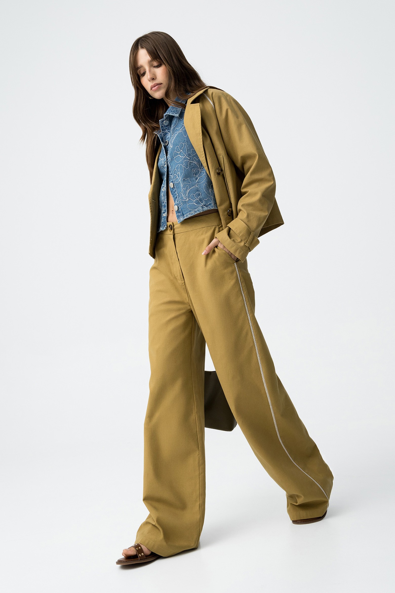 Wide-Leg Trousers with Contrast Stitching