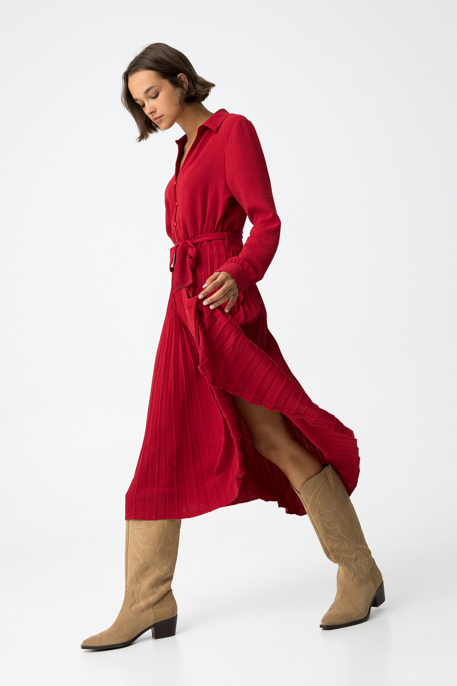 Red Pleated Midi Dress - 10062264_580 - Tiffosi