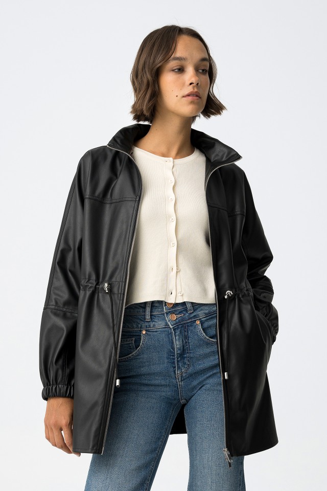 Faux Leather Jacket with Hood