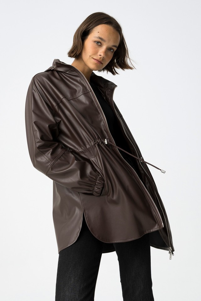 Faux Leather Jacket with Hood