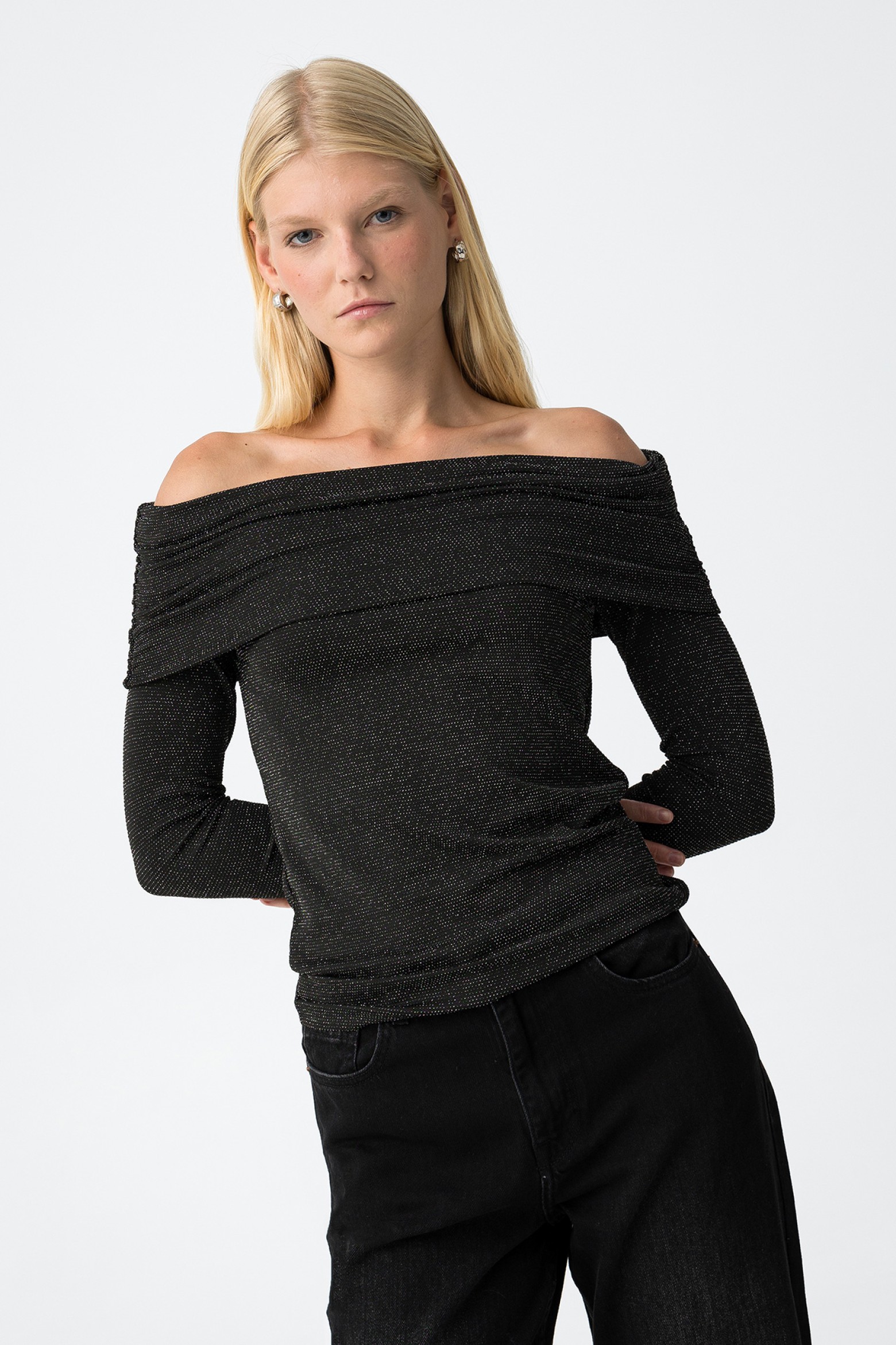 Off-Shoulder Top with Metallic Thread