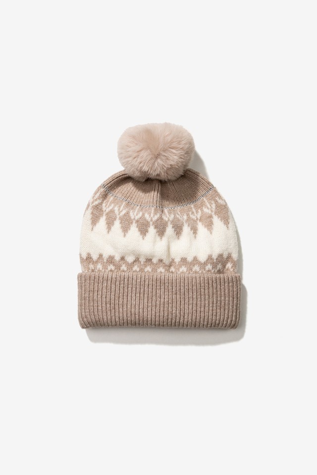 Beige Geometric Pom-Pom Beanie