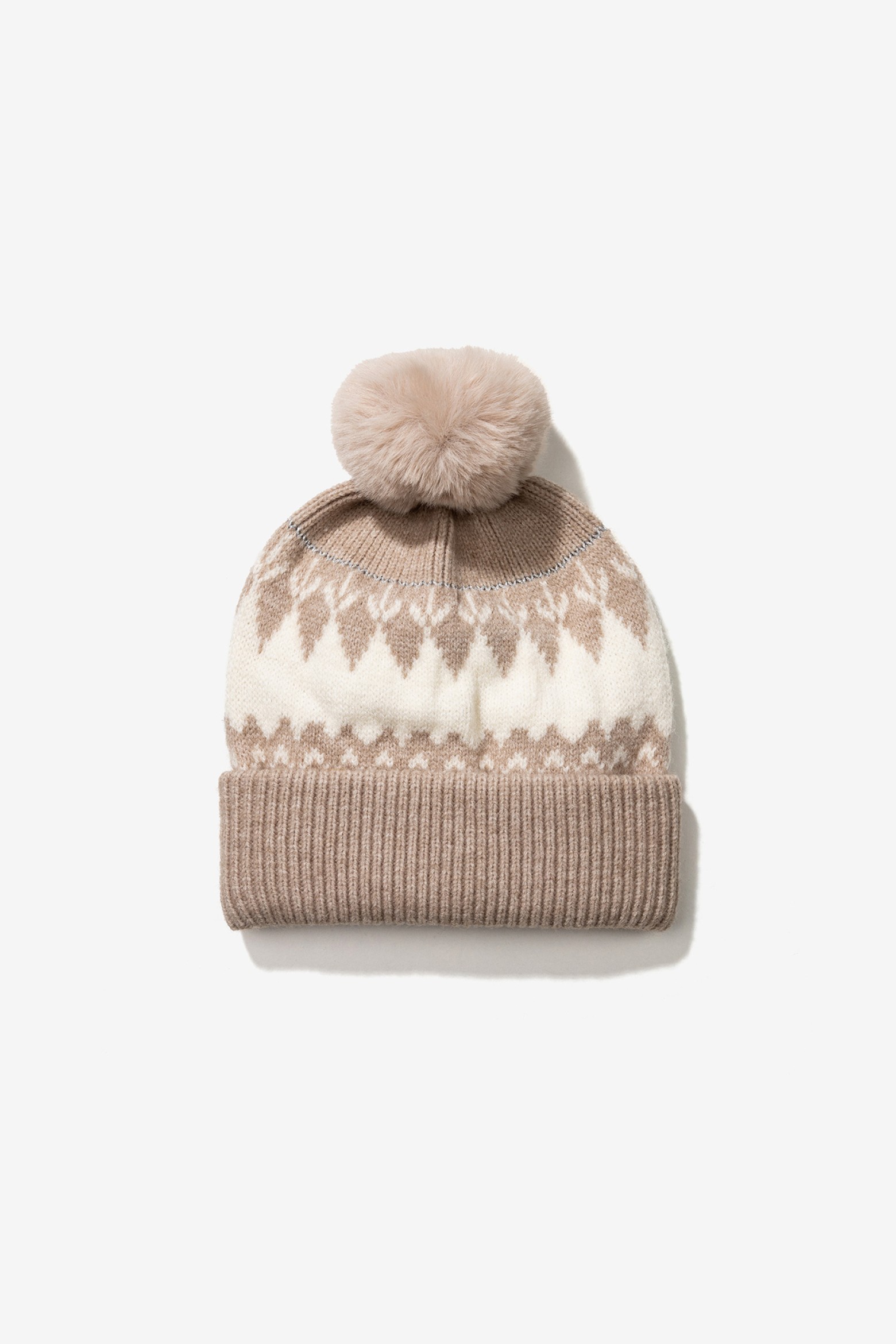 Beige Geometric Pom-Pom Beanie