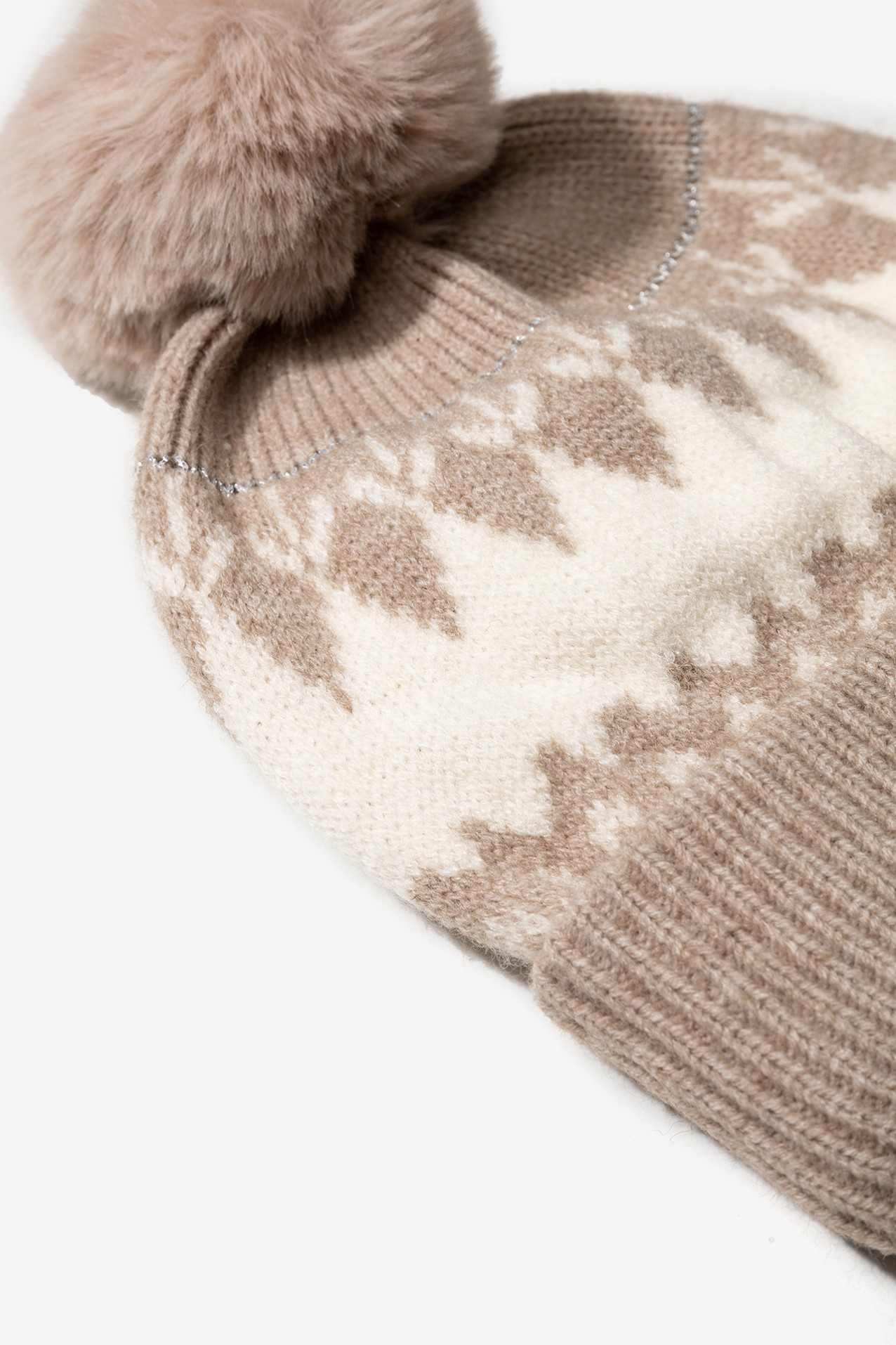 Beige Geometric Pom-Pom Beanie