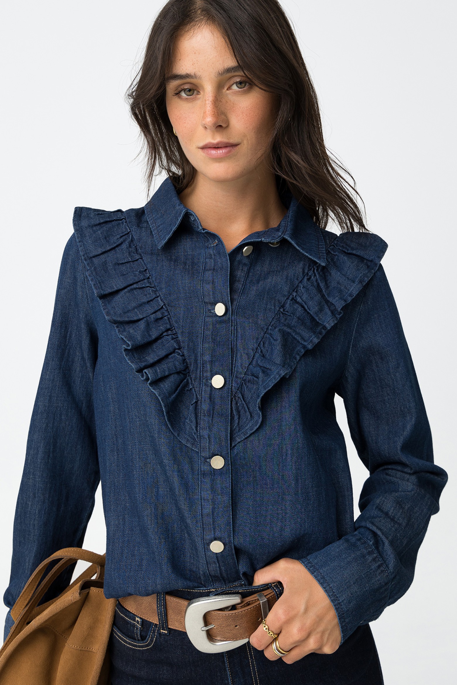 Denim Shirt with Ruffles