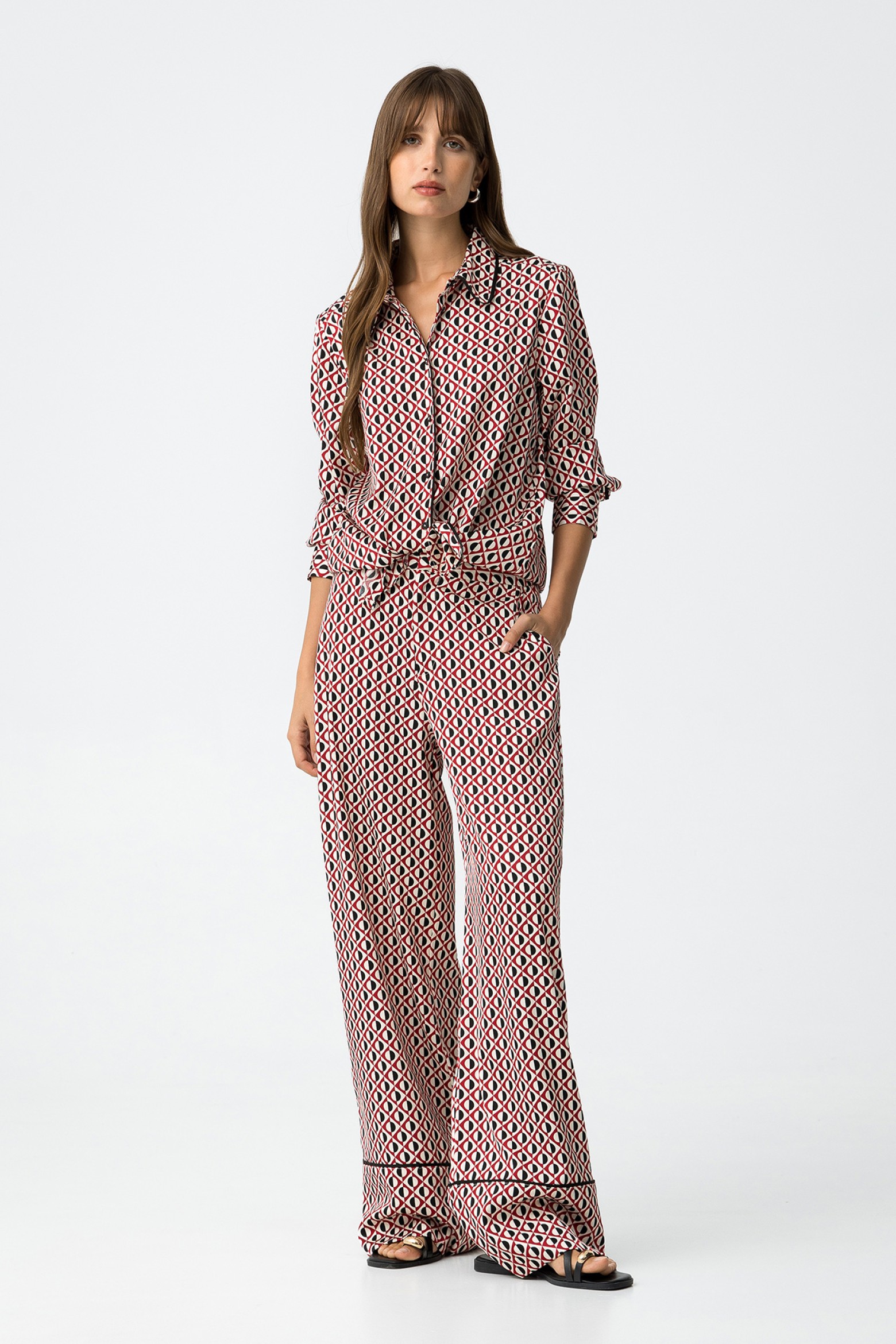 Printed Wide Leg Pants With Trim