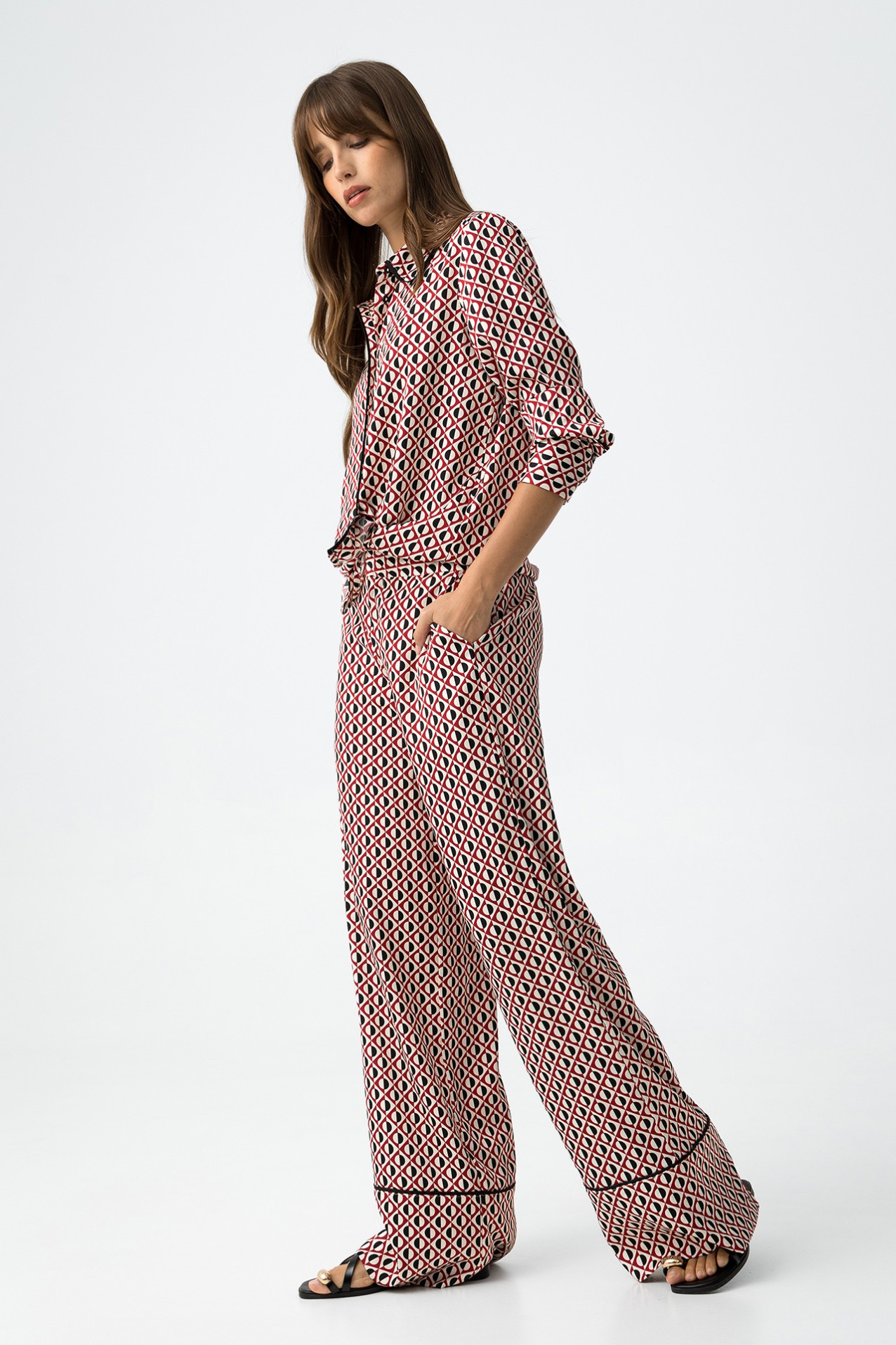 Printed Wide Leg Pants With Trim