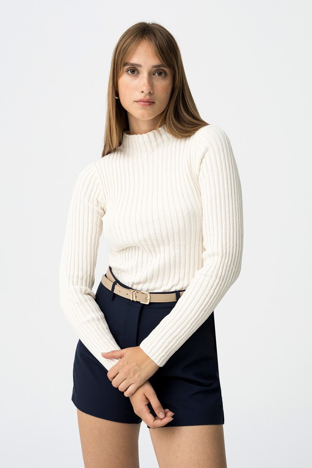 Camisola de Gola Alta em Malha Canelada