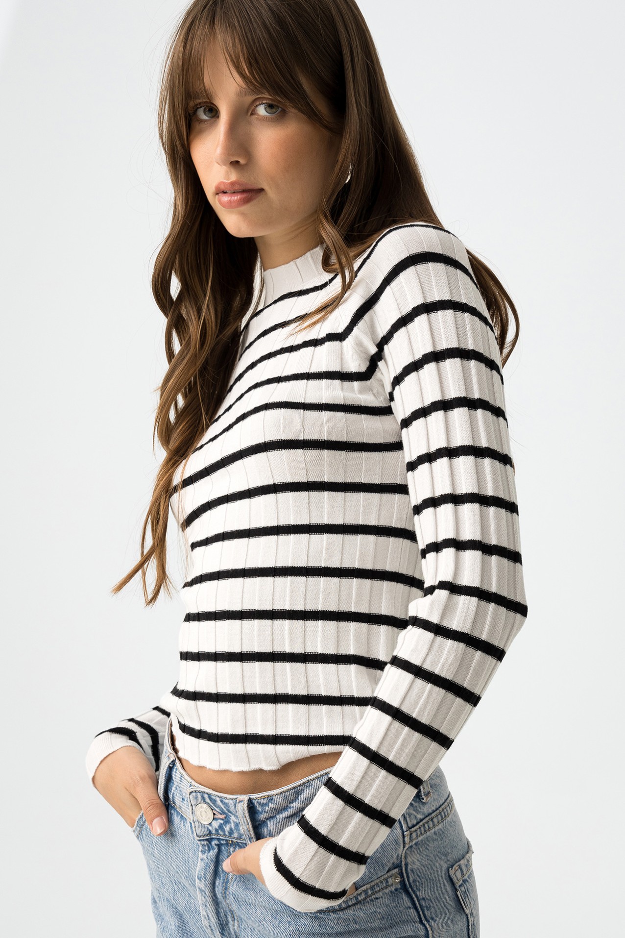 Camisola Slim Malha Canelada s Riscas