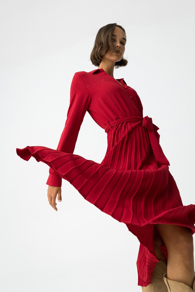 Red Pleated Midi Dress