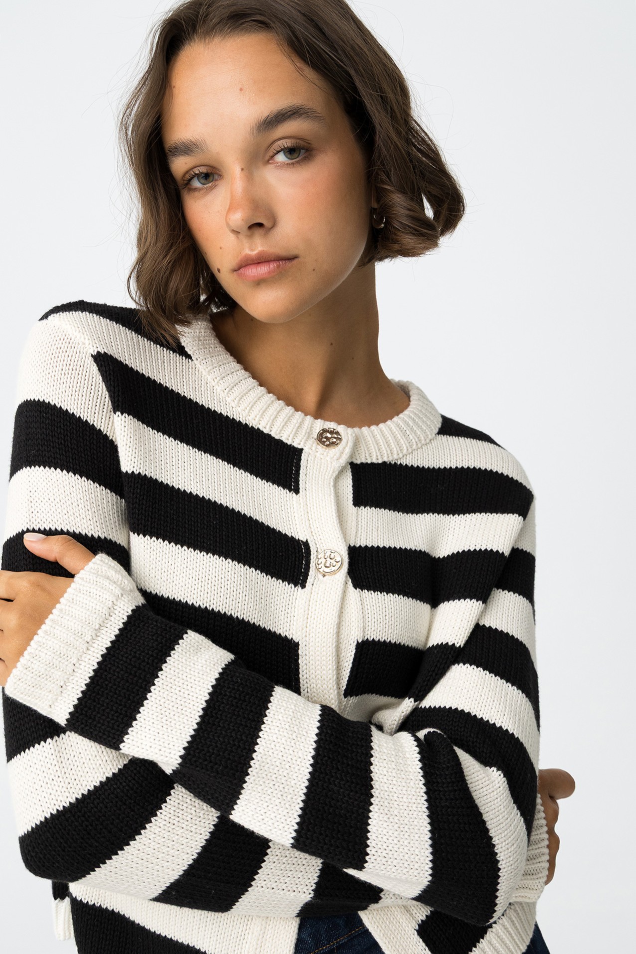 Striped Cardigan with Metallic Buttons